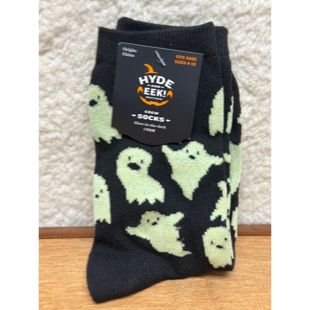 Hyde and EEK! Crew Socks Black Glow Ghost Pattern Halloween Shoe Size 4-10